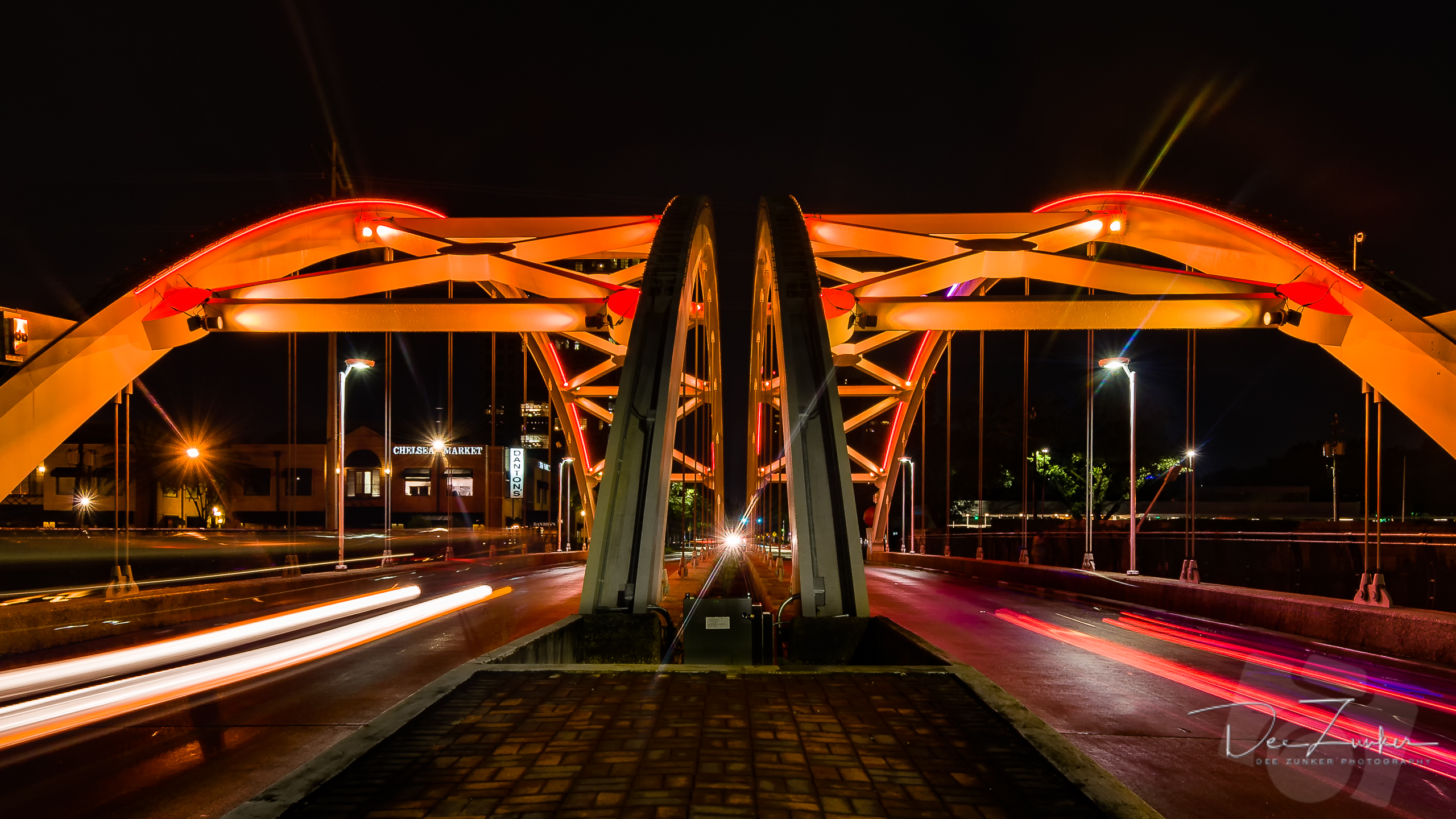 Montrose Bridge over Highway 59 at night with Lighting by Gandy Lighting Design by Commercial Photographer Dee Zunker